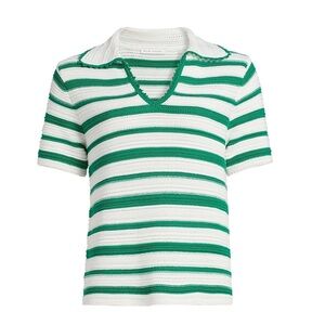 Harlow Green White Striped Collared Polo knit top